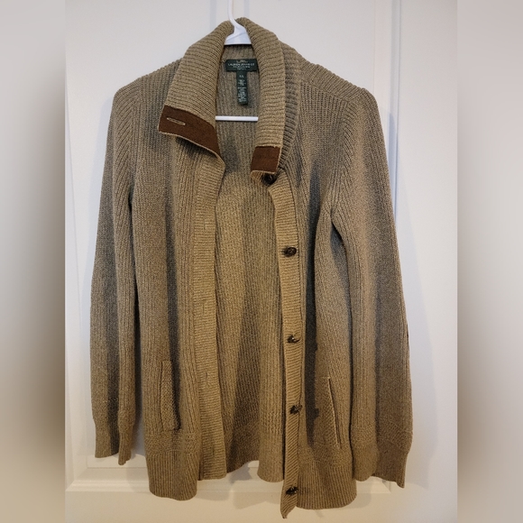 LRL Ralph Lauren Crochet Knit Cardigan with Suede Elbow Pads - Picture 2 of 8